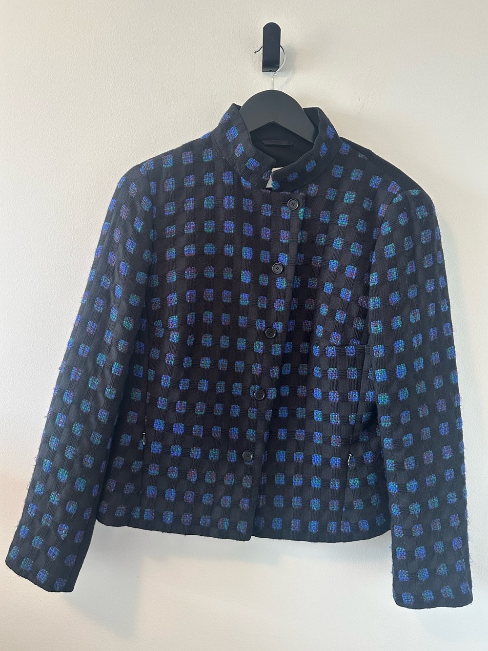 Women's Akris Punto Luxury Black/Blue Checked Button-Front Wool Jacket Sz 14